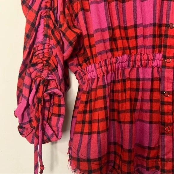 New We The Free People Red Plaid Combo Boho Gathered Peplum Top NWT - Picture 11 of 16